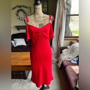 Express Red Off the Shoulder Silk Midi Dress